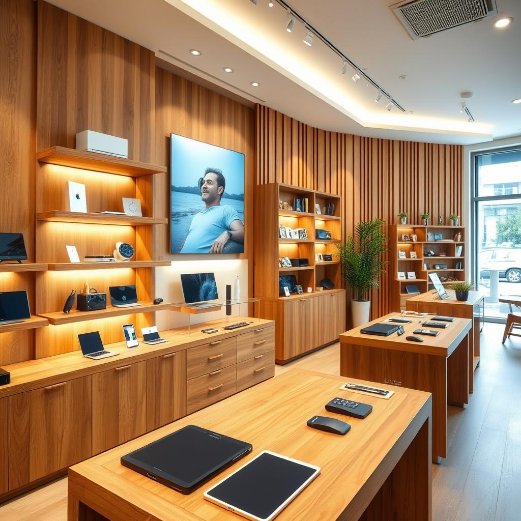 A tech store uniquely designed with wooden furniture