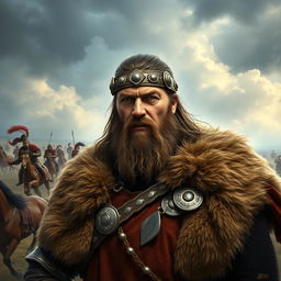 A powerful depiction of Attila the Hun, showcasing the formidable leader in the midst of his conquest