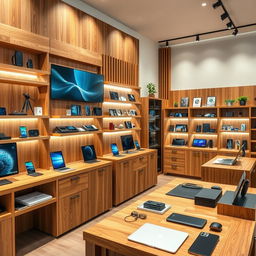 A tech store uniquely designed with wooden furniture