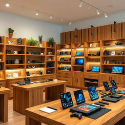 A tech store uniquely designed with wooden furniture