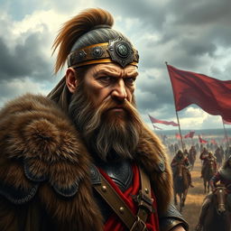 A powerful depiction of Attila the Hun, showcasing the formidable leader in the midst of his conquest