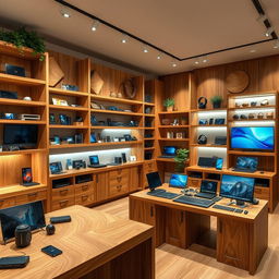 A tech store uniquely designed with wooden furniture