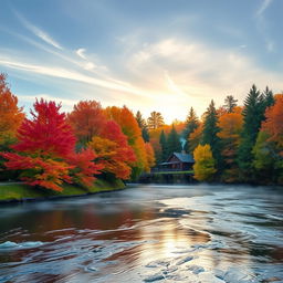 A serene riverside landscape during autumn with trees showcasing vibrant red, orange, and yellow leaves