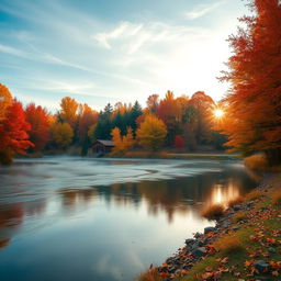 A serene riverside landscape during autumn with trees showcasing vibrant red, orange, and yellow leaves