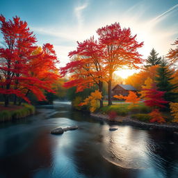 A serene riverside landscape during autumn with trees showcasing vibrant red, orange, and yellow leaves