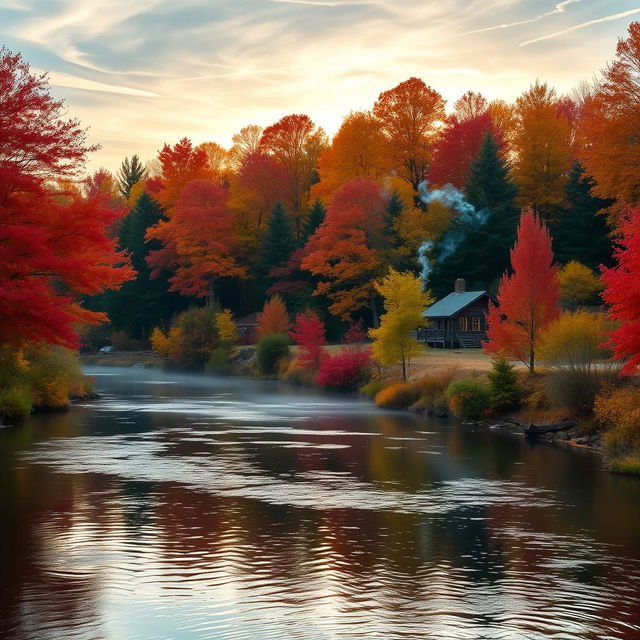 A serene riverside landscape during autumn with trees showcasing vibrant red, orange, and yellow leaves