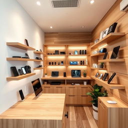 A compact tech store designed for a 2x3 meter space, featuring efficient use of wooden furniture