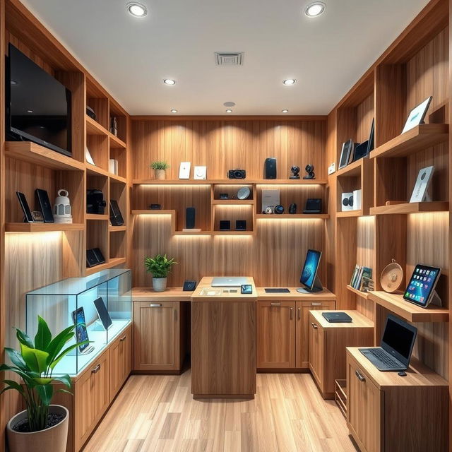 A compact tech store designed for a 2x3 meter space, featuring efficient use of wooden furniture