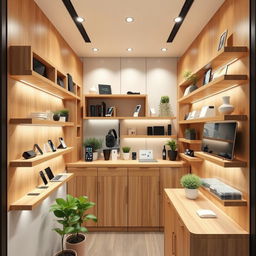 A compact tech store designed for a 2x3 meter space, featuring efficient use of wooden furniture