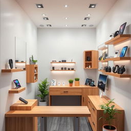 A compact tech store designed for a 2x3 meter space, featuring efficient use of wooden furniture