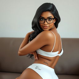 A realistic AI avatar of an 18-year-old Sri Lankan female sitting confidently on a couch, with her butt positioned on top and legs crossed