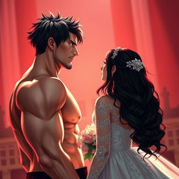 A wedding scene depicting a tall, muscular groom with short messy black hair, a clear athletic physique, and sharp dark green eyes radiating intensity and focus