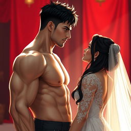 A wedding scene depicting a tall, muscular groom with short messy black hair, a clear athletic physique, and sharp dark green eyes radiating intensity and focus