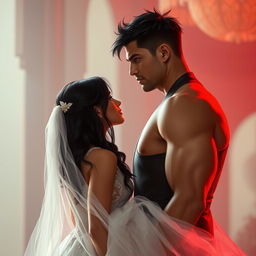 A wedding scene depicting a tall, muscular groom with short messy black hair, a clear athletic physique, and sharp dark green eyes radiating intensity and focus