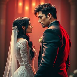 A wedding scene depicting a tall, muscular groom with short messy black hair, a clear athletic physique, and sharp dark green eyes radiating intensity and focus