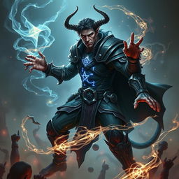 A tiefling warlock who resembles Nicholas Cage, male, captured in a dynamic battle pose