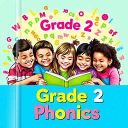 A vibrant and colorful book cover for a book titled "Grade 2 Phonics