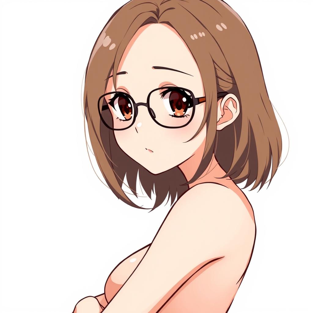 An anime-inspired illustration of a nude girl with medium-length brown hair and glasses