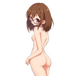 An anime-inspired illustration of a nude girl with medium-length brown hair and glasses