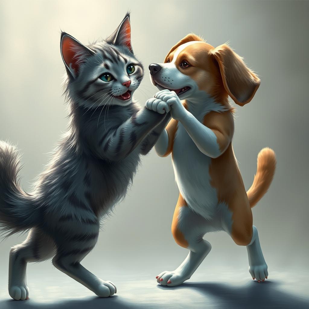 A realistic portrait of a cat dancing with a dog, captured in exquisite detail