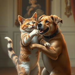 A realistic portrait of a cat dancing with a dog, captured in exquisite detail