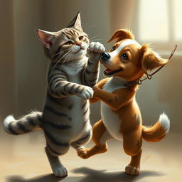 A realistic portrait of a cat dancing with a dog, captured in exquisite detail