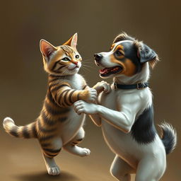 A realistic portrait of a cat dancing with a dog, captured in exquisite detail