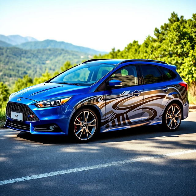 A high-quality image of a Ford Focus ST wagon decorated with sporty and stylish decals