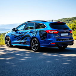 A high-quality image of a Ford Focus ST wagon decorated with sporty and stylish decals