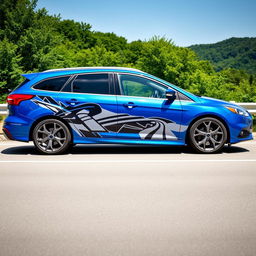 A high-quality image of a Ford Focus ST wagon decorated with sporty and stylish decals