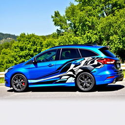 A high-quality image of a Ford Focus ST wagon decorated with sporty and stylish decals