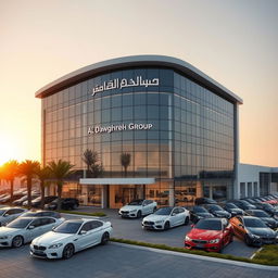 An architectural design of a car dealership headquarters named Al Dawaghreh Group, located in Jordan