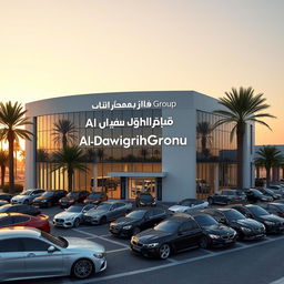 An architectural design of a car dealership headquarters named Al Dawaghreh Group, located in Jordan