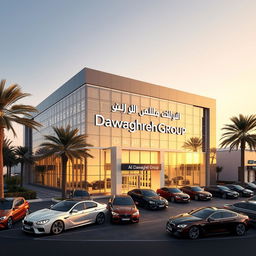 An architectural design of a car dealership headquarters named Al Dawaghreh Group, located in Jordan