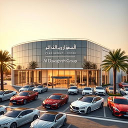 An architectural design of a car dealership headquarters named Al Dawaghreh Group, located in Jordan