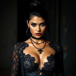 An Indian woman wearing a sexy gothic outfit, featuring dark, intricate lace and leather elements, standing with confidence