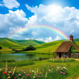 A dreamy landscape with lush green hills rolling against a sunlit sky, dotted with cotton candy clouds and a vibrant rainbow arcing across