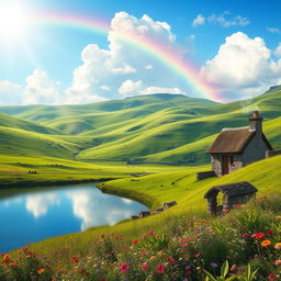 A dreamy landscape with lush green hills rolling against a sunlit sky, dotted with cotton candy clouds and a vibrant rainbow arcing across