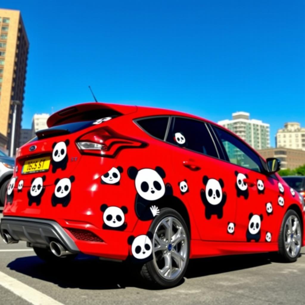 A vibrant and creative image featuring a red Ford Focus ST decorated with playful panda designs