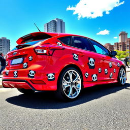 A vibrant and creative image featuring a red Ford Focus ST decorated with playful panda designs