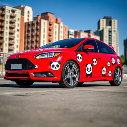 A vibrant and creative image featuring a red Ford Focus ST decorated with playful panda designs