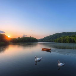 A serene landscape featuring a peaceful lake surrounded by lush green forests