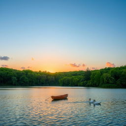 A serene landscape featuring a peaceful lake surrounded by lush green forests