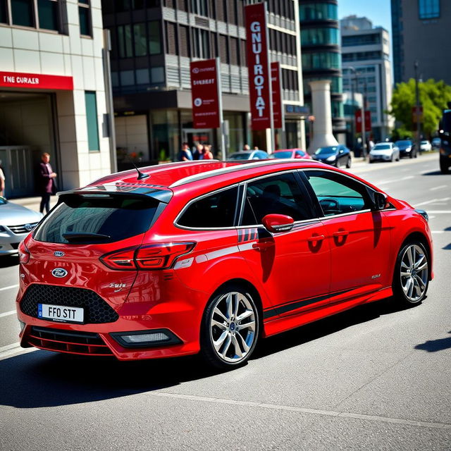 A striking image of a red Ford Focus ST wagon with stylish and sporty decorations