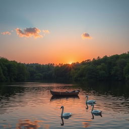 A serene landscape featuring a peaceful lake surrounded by lush green forests