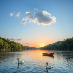 A serene landscape featuring a peaceful lake surrounded by lush green forests