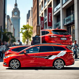 A striking image of a red Ford Focus ST wagon with stylish and sporty decorations