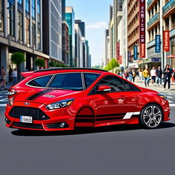 A striking image of a red Ford Focus ST wagon with stylish and sporty decorations