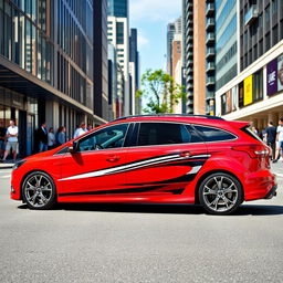 A striking image of a red Ford Focus ST wagon with stylish and sporty decorations