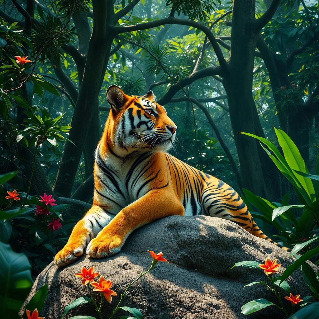 A majestic tiger in a dense jungle, resting on a large rock surrounded by lush green foliage and tropical flowers